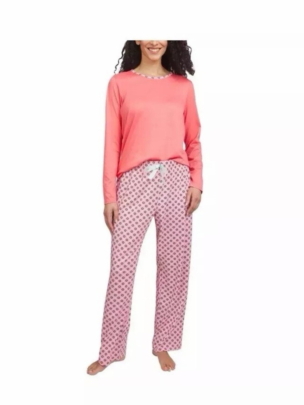 Lands' End Coral Pink Long-Sleeve Pajama Set with Printed Pants